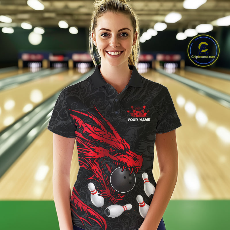 Black And Red Custom Dragon Bowling Shirt For Women, Bowling Team Jersey Polo & Quarter Zip TDM6166