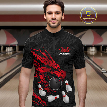 Black And Red Custom Dragon Bowling Shirt For Men, Bowling Team Jersey Polo & Quarter Zip TDM6166