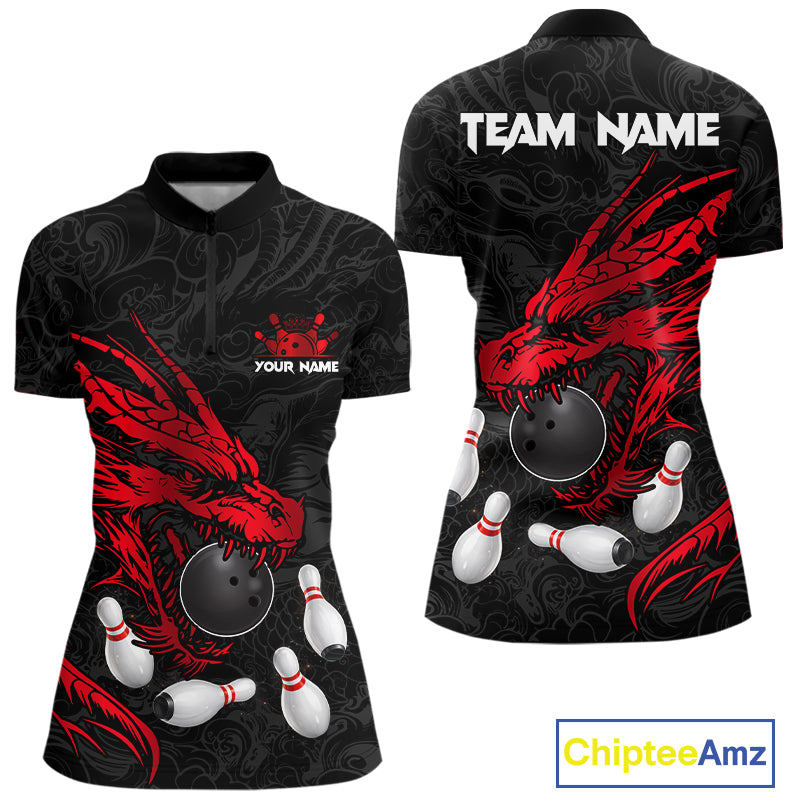 Black And Red Custom Dragon Bowling Shirt For Women, Bowling Team Jersey Polo & Quarter Zip TDM6166