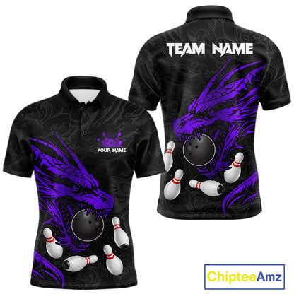 Black And Purple Custom Dragon Bowling Shirt For Men, Bowling Team Jersey Polo & Quarter Zip TDM6167