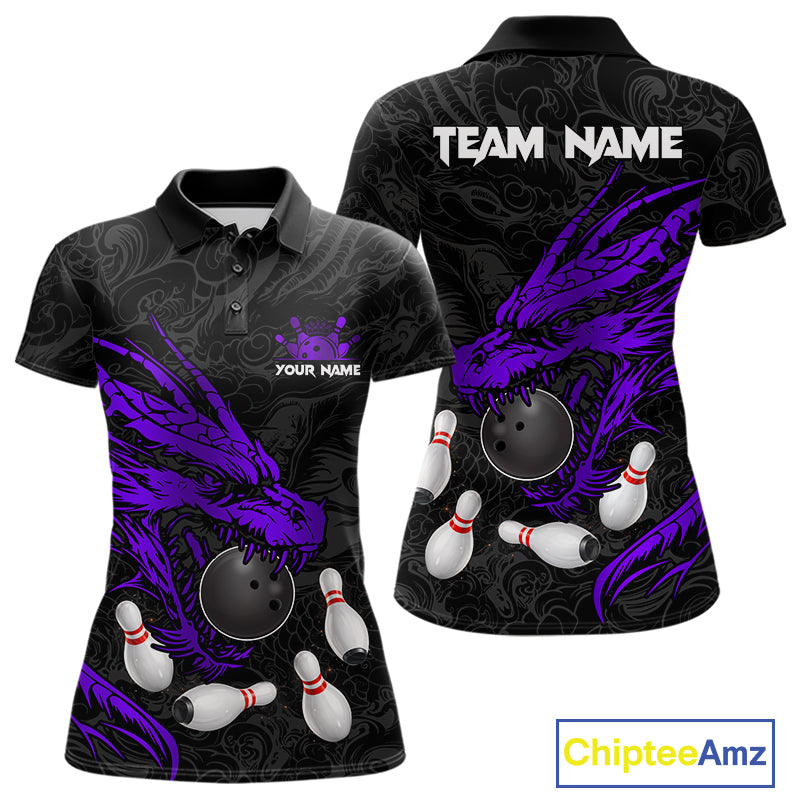 Black And Purple Custom Dragon Bowling Shirt For Women, Bowling Team Jersey Polo & Quarter Zip TDM6167