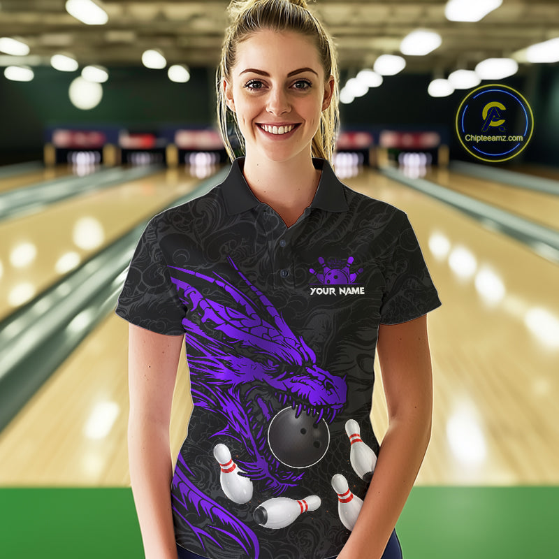 Black And Purple Custom Dragon Bowling Shirt For Women, Bowling Team Jersey Polo & Quarter Zip TDM6167