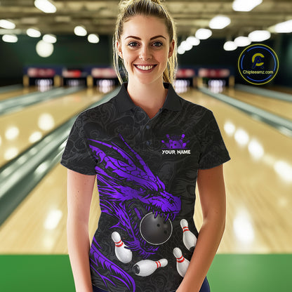 Black And Purple Custom Dragon Bowling Shirt For Women, Bowling Team Jersey Polo & Quarter Zip TDM6167