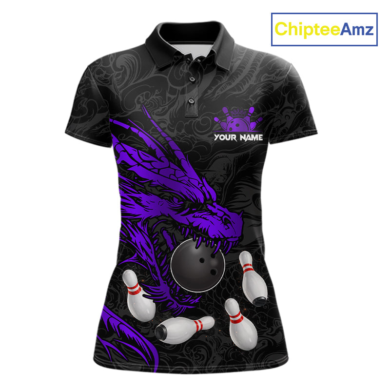 Black And Purple Custom Dragon Bowling Shirt For Women, Bowling Team Jersey Polo & Quarter Zip TDM6167