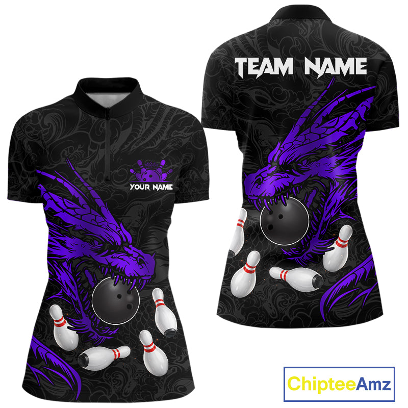 Black And Purple Custom Dragon Bowling Shirt For Women, Bowling Team Jersey Polo & Quarter Zip TDM6167