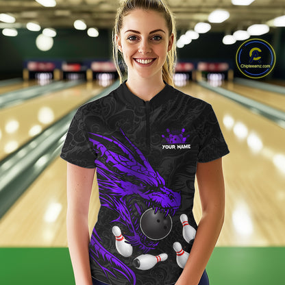 Black And Purple Custom Dragon Bowling Shirt For Women, Bowling Team Jersey Polo & Quarter Zip TDM6167