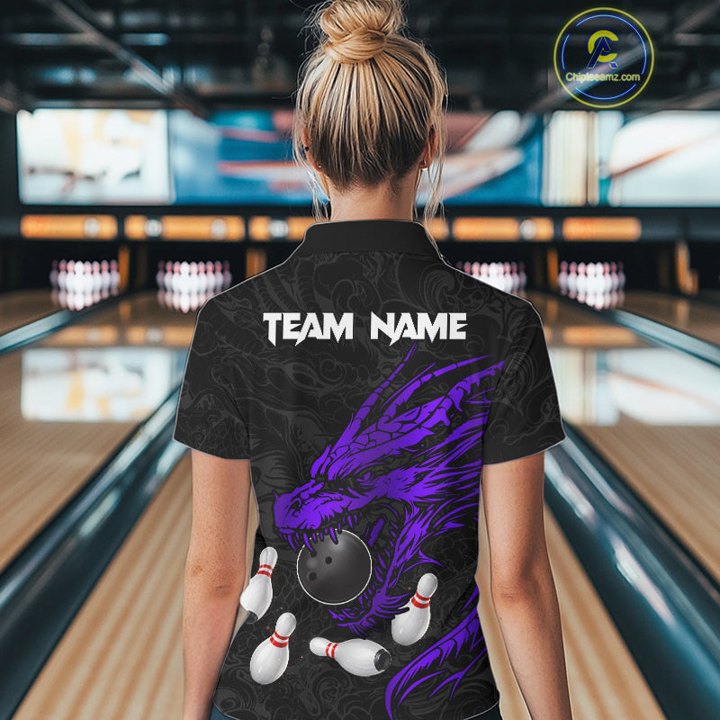 Black And Purple Custom Dragon Bowling Shirt For Women, Bowling Team Jersey Polo & Quarter Zip TDM6167