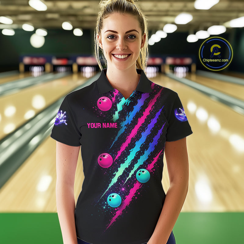 Custom Neon Bowling Shirt For Women, Funny Strike Bowling Team Jersey Polo & Quarter Zip Shirts TDM6169