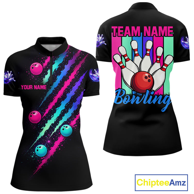 Custom Neon Bowling Shirt For Women, Funny Strike Bowling Team Jersey Polo & Quarter Zip Shirts TDM6169