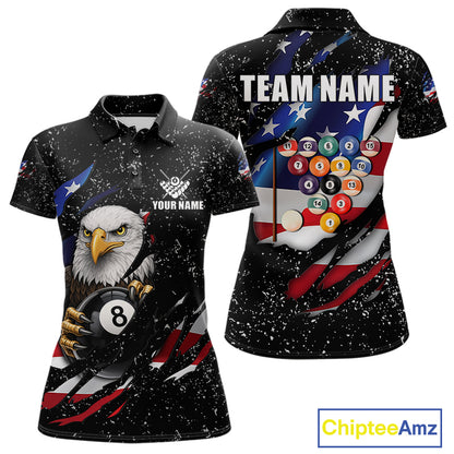 Black Grunge US Flag Eagle Billiard Shirt For Women Custom 8 Ball Pool Team Jersey Polo & 1/4 Zip TDM6404
