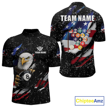 Black Grunge US Flag Eagle Billiard Shirt For Men Custom 8 Ball Pool Team Jersey Polo & 1/4 Zip TDM6404
