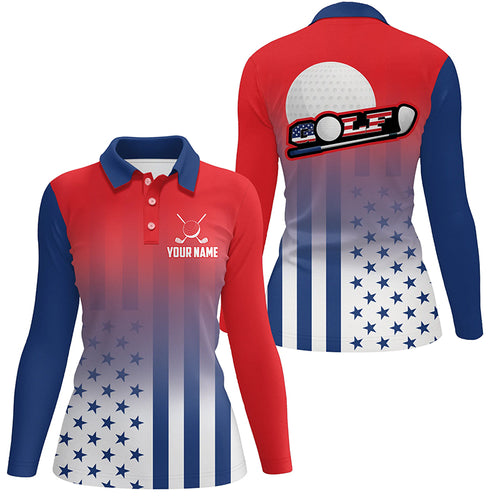 Personalized Patriotic US Flag Womens Golf Polo Shirts, Best 4Th Of July Golf Outfits For Ladies TDM1892