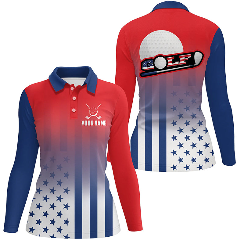 Personalized Patriotic US Flag Womens Golf Polo Shirts, Best 4Th Of July Golf Outfits For Ladies TDM1892