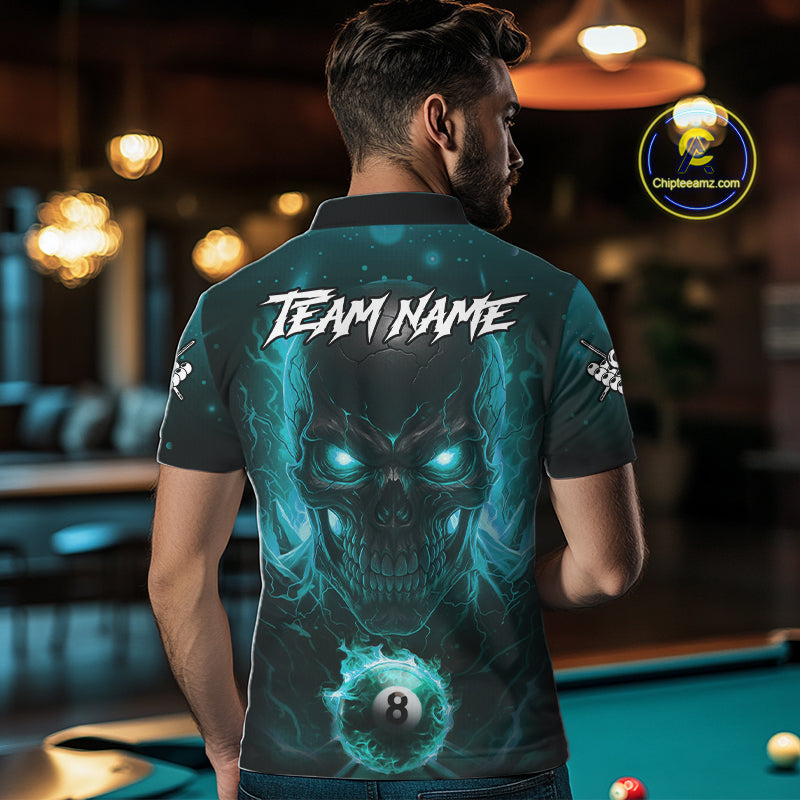Personalized Turquoise Billiard Skull Fire 8 Ball Pool Shirt For Men Custom Billiard Team Jersey TDM5080