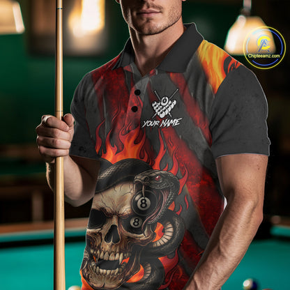 Personalized Skull And Snakes Flame Billiard Shirt For Men Custom 8 Ball Pool Team Jersey |Red TDM5084