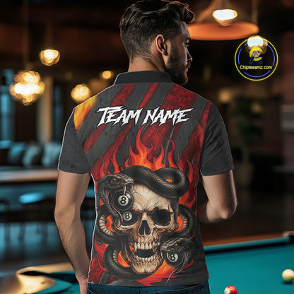 Personalized Skull And Snakes Flame Billiard Shirt For Men Custom 8 Ball Pool Team Jersey |Red TDM5084