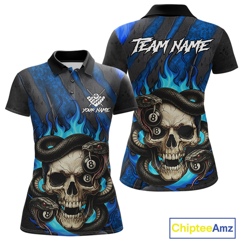 Personalized Skull And Snakes Flame Billiard Shirt For Women Custom 8 Ball Pool Team Jersey |Blue TDM5085