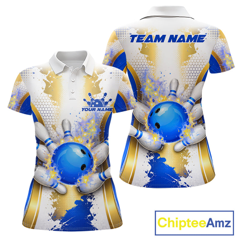 Bowling Ball Splatter Custom White, Blue & Gold Women's Bowling Shirt, Bowling Jersey Polo & 1/4 Zip TDM6178