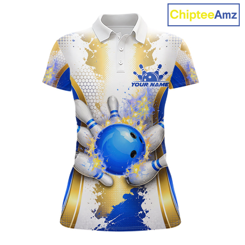Bowling Ball Splatter Custom White, Blue & Gold Women's Bowling Shirt, Bowling Jersey Polo & 1/4 Zip TDM6178