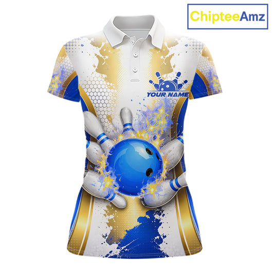 Bowling Ball Splatter Custom White, Blue & Gold Women's Bowling Shirt, Bowling Jersey Polo & 1/4 Zip TDM6178
