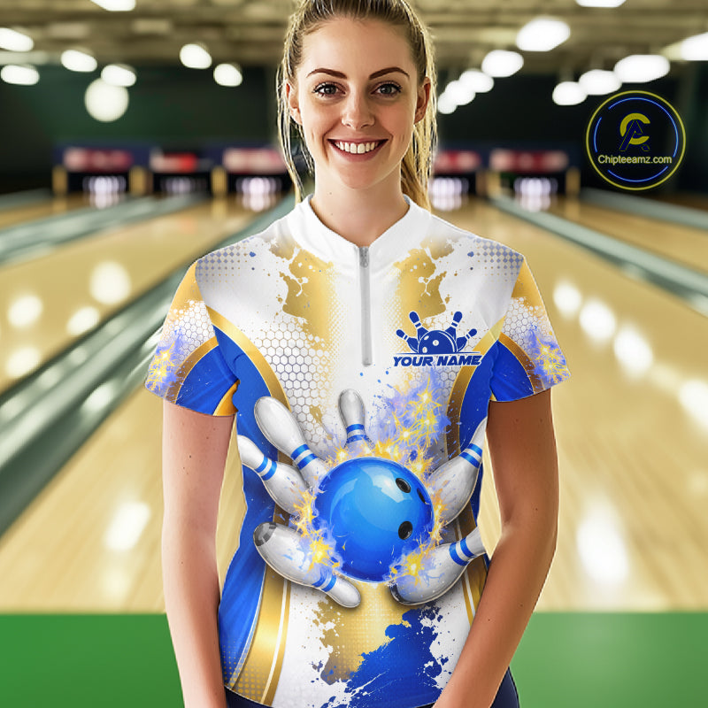 Bowling Ball Splatter Custom White, Blue & Gold Women's Bowling Shirt, Bowling Jersey Polo & 1/4 Zip TDM6178