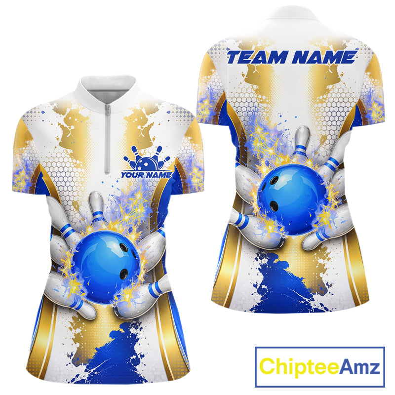 Bowling Ball Splatter Custom White, Blue & Gold Women's Bowling Shirt, Bowling Jersey Polo & 1/4 Zip TDM6178