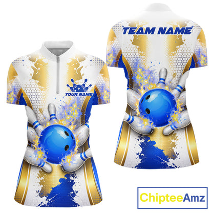 Bowling Ball Splatter Custom White, Blue & Gold Women's Bowling Shirt, Bowling Jersey Polo & 1/4 Zip TDM6178