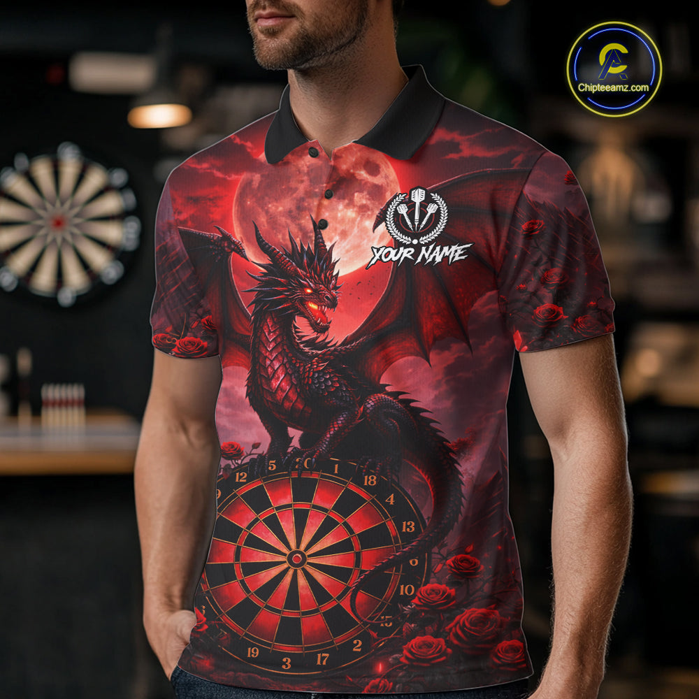 Black And Red Dartboard Roses And Dragon Darts Polo & 1/4 Zip Custom Men's Darts Team Jersey TDM5802