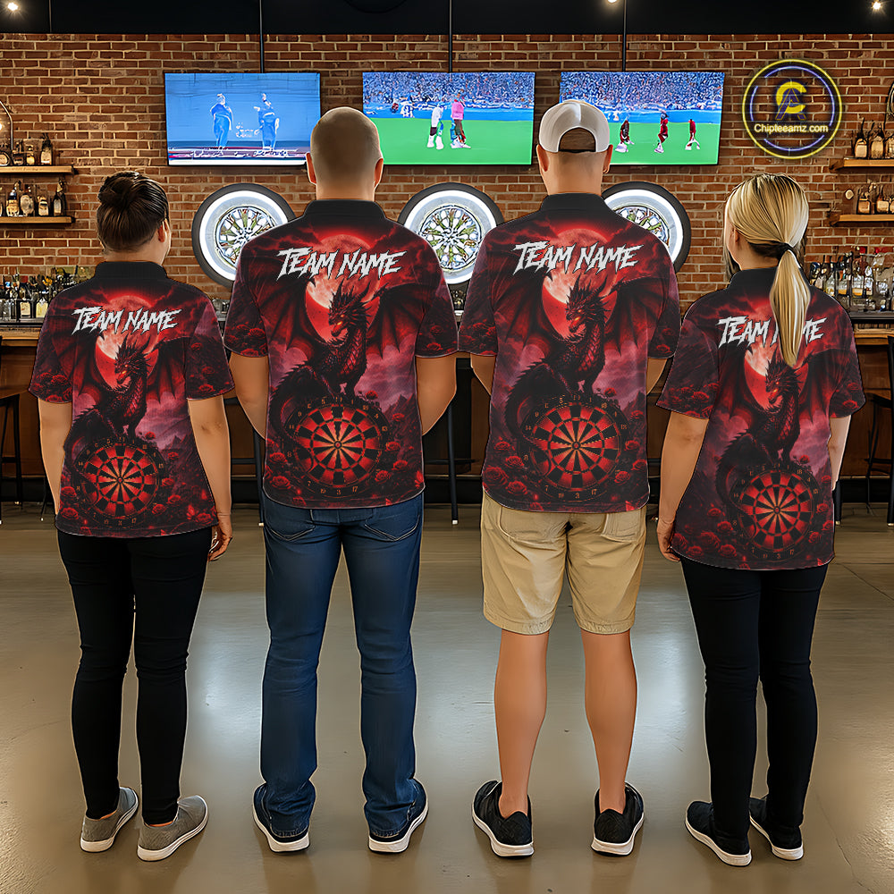 Black And Red Dartboard Roses And Dragon Darts Polo & 1/4 Zip Custom Men's Darts Team Jersey TDM5802