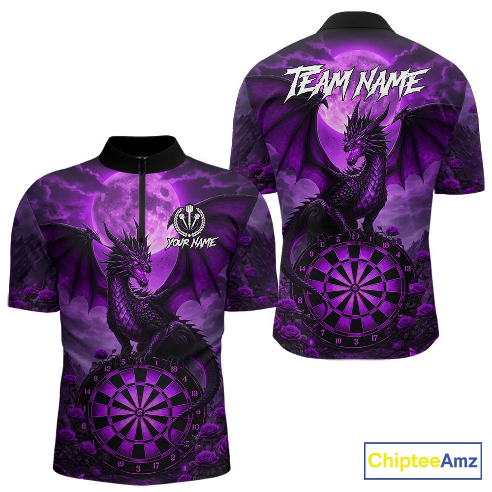 Black And Purple Dartboard Roses And Dragon Darts Polo & 1/4 Zip Custom Men's Darts Team Jersey TDM5803