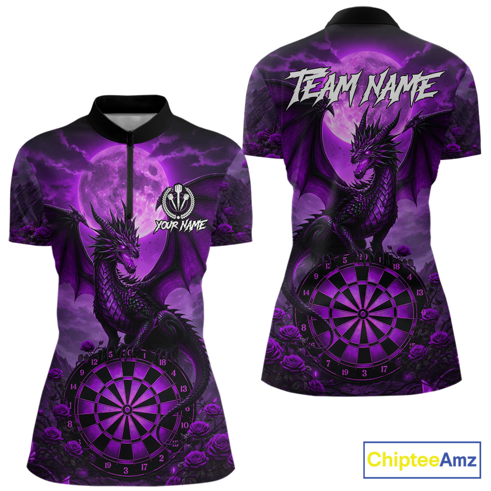 Black And Purple Dartboard Roses And Dragon Darts Polo & 1/4 Zip Custom Women's Darts Team Jersey TDM5803