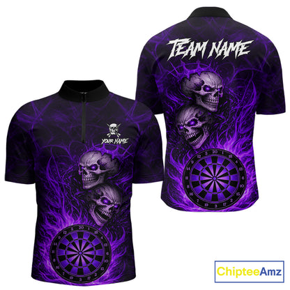 Personalized Purple Flaming Skull Darts Polo & 1/4 Zip For Men Custom Fire Darts Team Jersey TDM5807