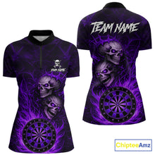 Load image into Gallery viewer, Personalized Purple Flaming Skull Darts Polo &amp; 1/4 Zip For Women Custom Fire Darts Team Jersey TDM5807
