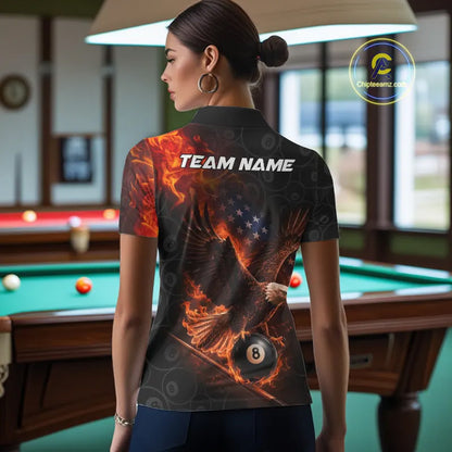 Flaming US Flag Eagle 8 Ball Billiard Shirt For Women Custom Patriotic Pool Jersey Polo & 1/4 Zip TDM6411