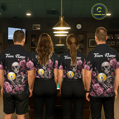Pool Team Wearing Custom Pink 8 Ball 9 Ball Roses Skeleton Gothic Custom Billiard Team Jerseys Featuring the Complete Back Artwork, Back View