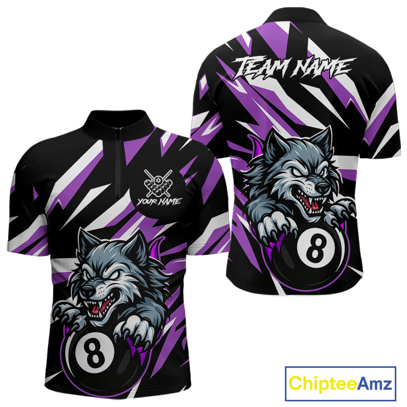 Black And Purple 8 Ball Wolf Billiard Shirt For Men Custom Billiard Jersey, Pool Team Shirt TDM5318