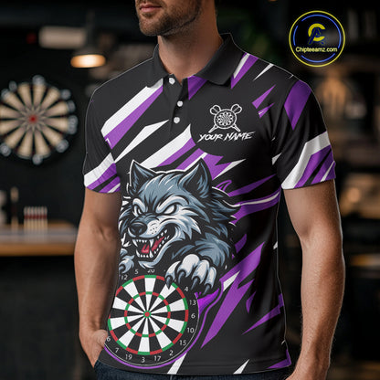 Personalized Wolf Darts Polo & Quarter Zip Custom Darts Shirt For Men, Darts Jersey |Purple TDM5319