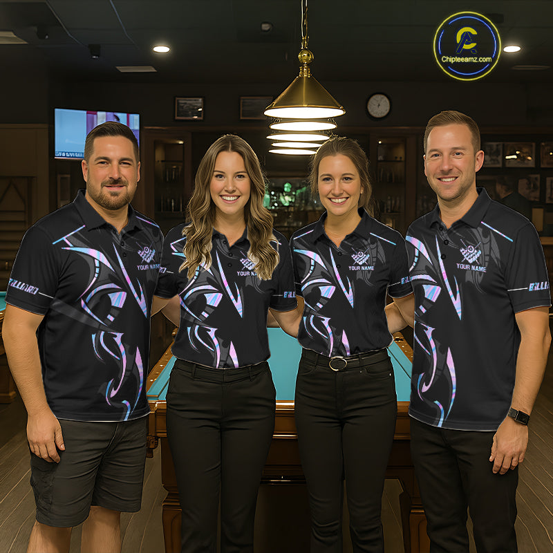 Custom Holographic 8 Ball Crown Billiard Shirts For Men, Pool Team Jersey Polo & 1/4 Zip |Black TDM6191
