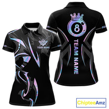 Load image into Gallery viewer, Custom Holographic 8 Ball Crown Billiard Shirts For Women, Pool Team Jersey Polo &amp; 1/4 Zip |Black TDM6191