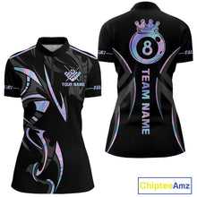 Load image into Gallery viewer, Custom Holographic 8 Ball Crown Billiard Shirts For Women, Pool Team Jersey Polo &amp; 1/4 Zip |Black TDM6191