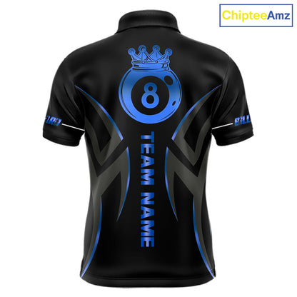 Custom Blue 8 Ball Pool Crown Billiard Shirts For Men, Billiard Team Jersey Polo & 1/4 Zip |Black TDM6192