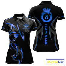 Load image into Gallery viewer, Custom Blue 8 Ball Pool Crown Billiard Shirts For Women, Billiard Team Jersey Polo &amp; 1/4 Zip |Black TDM6192