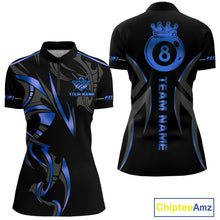 Load image into Gallery viewer, Custom Blue 8 Ball Pool Crown Billiard Shirts For Women, Billiard Team Jersey Polo &amp; 1/4 Zip |Black TDM6192