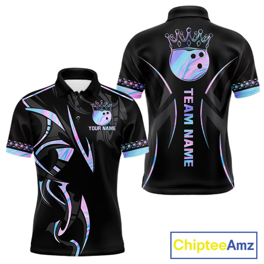 Custom Holographic Crown Bowling Ball Polo & Quarter Zip Shirt For Men, Bowling Team Jersey |Black TDM6196