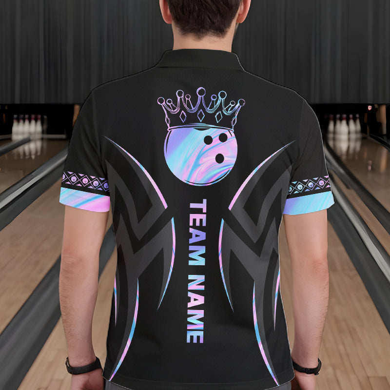 Custom Holographic Crown Bowling Ball Polo & Quarter Zip Shirt For Men, Bowling Team Jersey |Black TDM6196