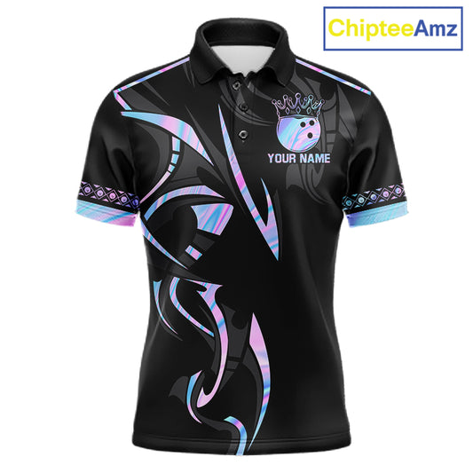 Custom Holographic Crown Bowling Ball Polo & Quarter Zip Shirt For Men, Bowling Team Jersey |Black TDM6196