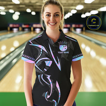 Load image into Gallery viewer, Custom Holographic Crown Bowling Ball Polo &amp; Quarter Zip Shirt For Women, Bowling Team Jersey |Black TDM6196