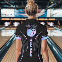 Load image into Gallery viewer, Custom Holographic Crown Bowling Ball Polo &amp; Quarter Zip Shirt For Women, Bowling Team Jersey |Black TDM6196
