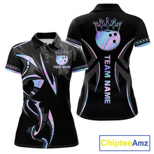 Load image into Gallery viewer, Custom Holographic Crown Bowling Ball Polo &amp; Quarter Zip Shirt For Women, Bowling Team Jersey |Black TDM6196