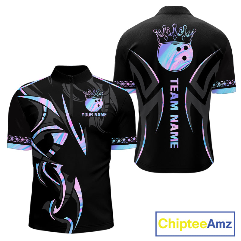 Custom Holographic Crown Bowling Ball Polo & Quarter Zip Shirt For Men, Bowling Team Jersey |Black TDM6196